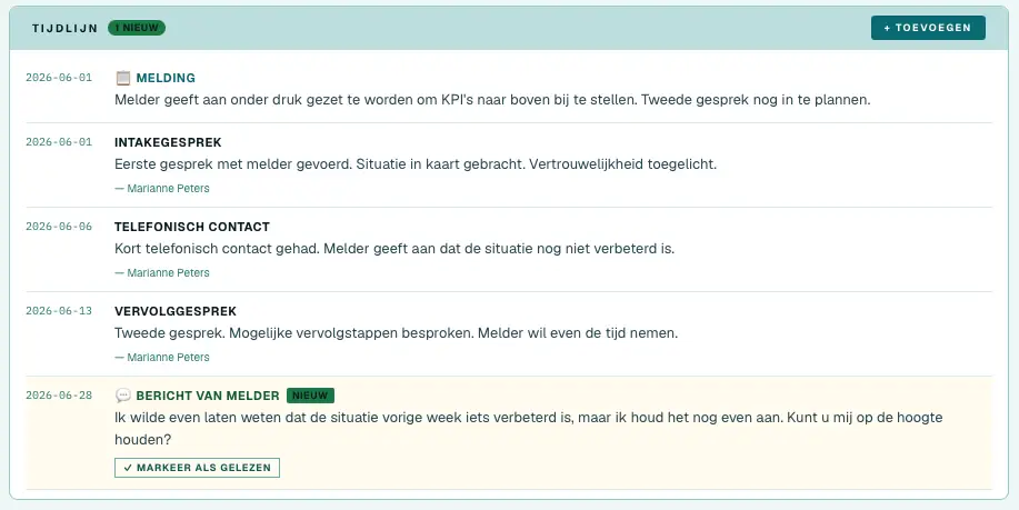 Tijdlijn van een melding met alle stappen en communicatie